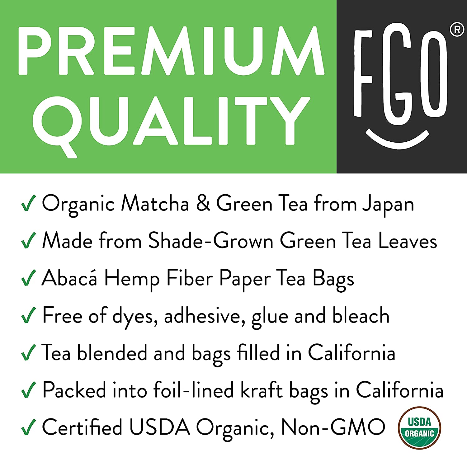 FGO Organic Japanese Matcha + Green Tea Bags 100 Tea Bags Eco-Conscious Tea Bags in Kraft Bag