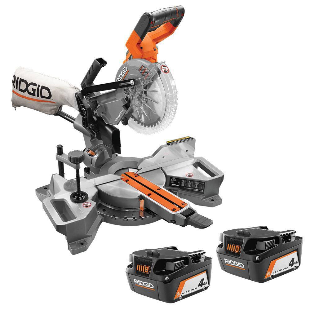 RIDGID R48607B-AC87004P 18V Brushless Cordless 7-1/4 in. Dual Bevel Sliding Miter Saw with 18V Lithium-Ion 4.0 Ah Battery (2-Pack)