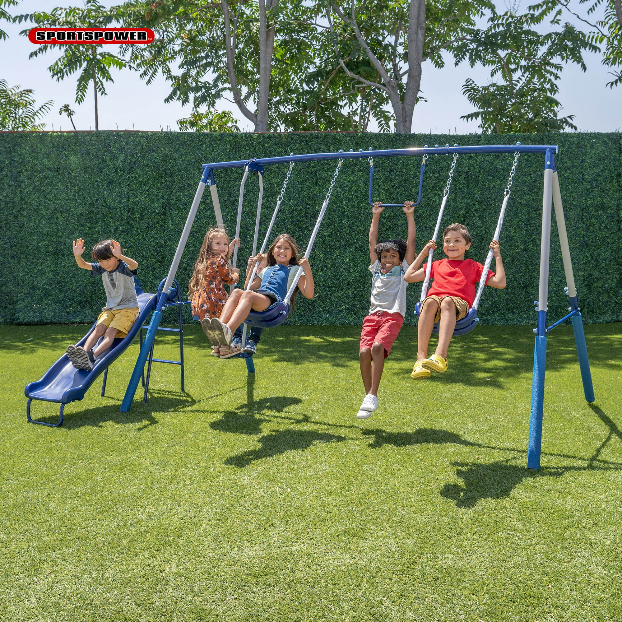 Sportspower Arcadia Metal Swing Set with 5ft Slide. Trapeze. 2 Person Glider Swing
