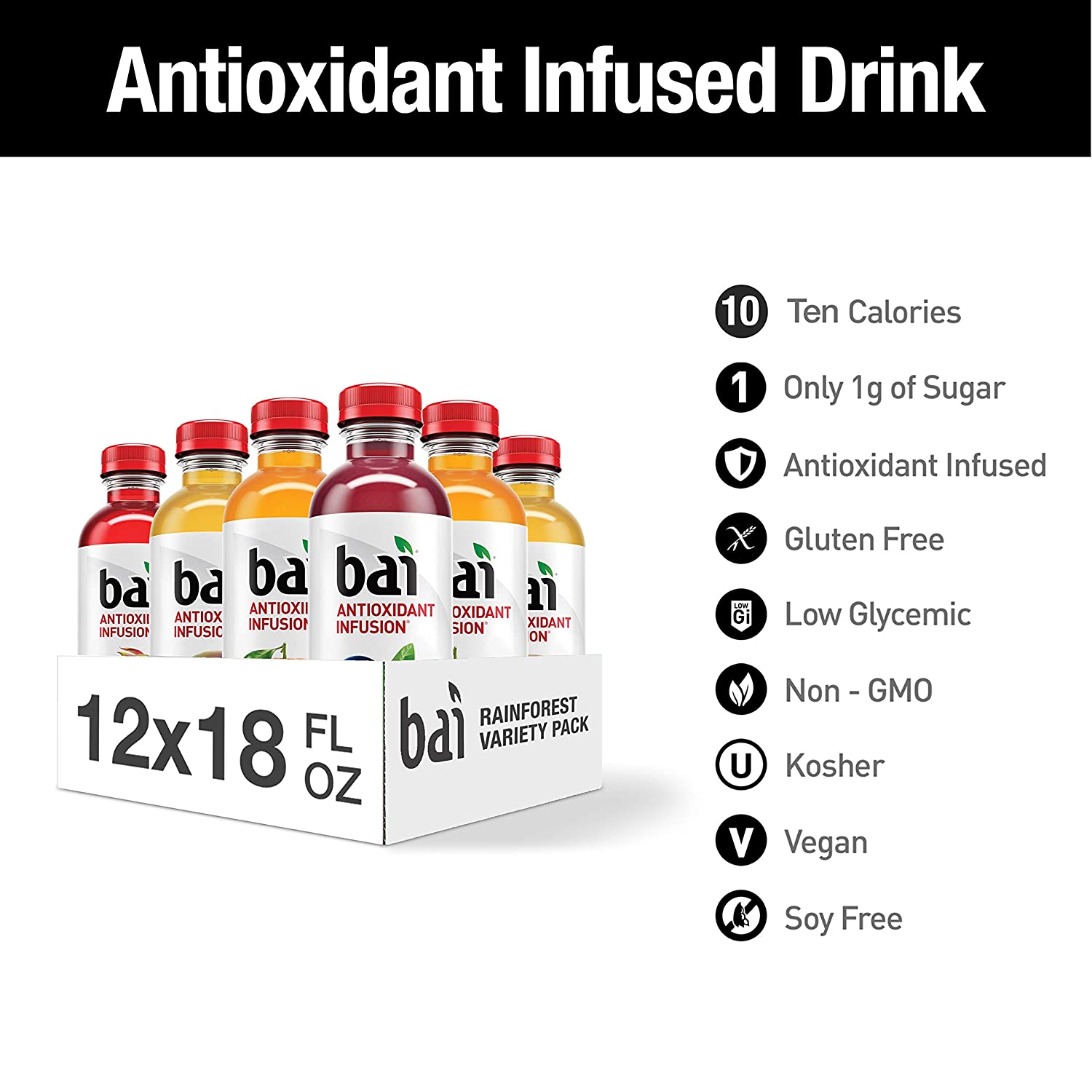 Bai. Rainforest Variety Pack. Antioxidant Infused. 18 Ounce Bottles. 12 Count