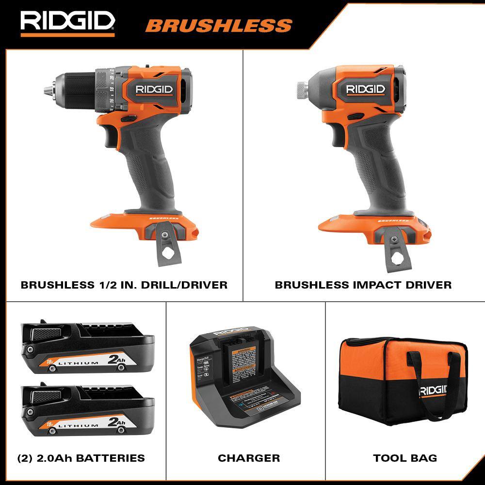 RIDGID R97801 18V SubCompact Brushless 2-Tool Combo Kit with Drill/Driver. Impact Driver. (2) 2.0 Ah Batteries. Charger. and Tool Bag