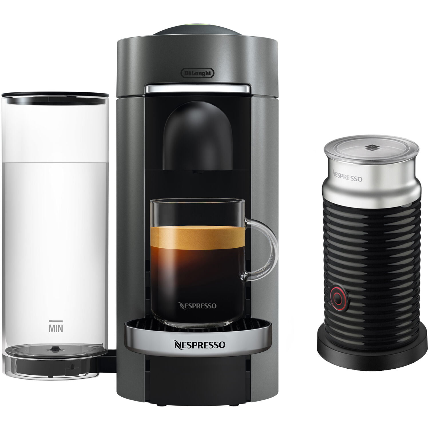 Nespresso by De-Longhi VertuoPlus Deluxe Coffee & Espresso Single-Serve Machine in Titanium and Aeroccino Milk Frother in Black