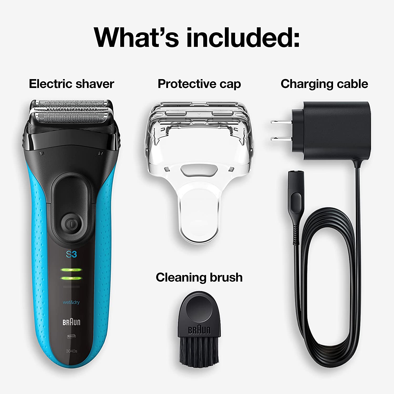 Braun Electric Series 3 Razor with Precision Trimmer. Rechargeable. Wet & Dry Foil Shaver for Men. Blue/Black. 4 Piece