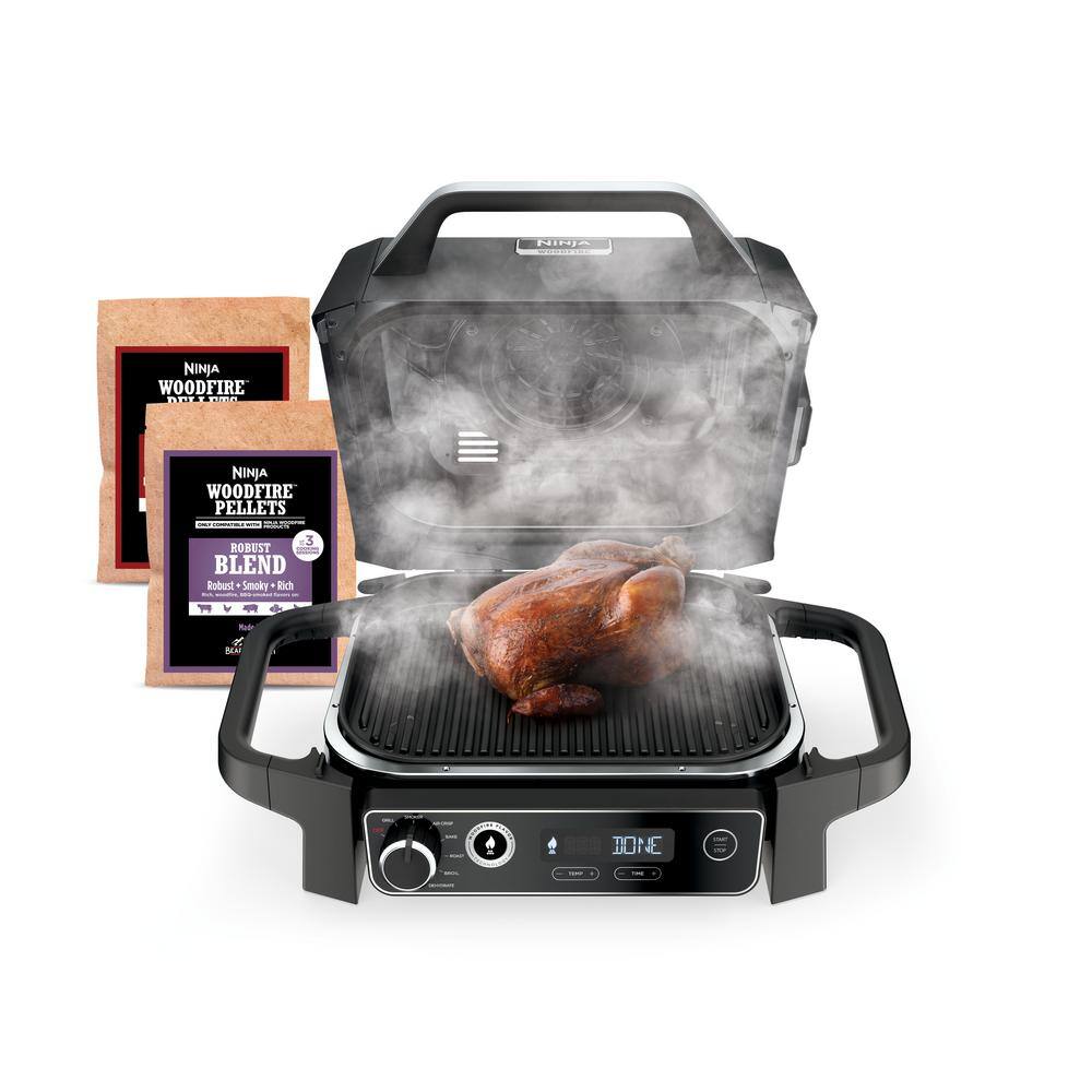 NINJA OG701 Woodfire Outdoor Grill & Smoker. 7-in-1 Master Grill. BBQ Smoker and Air Fryer in Gray