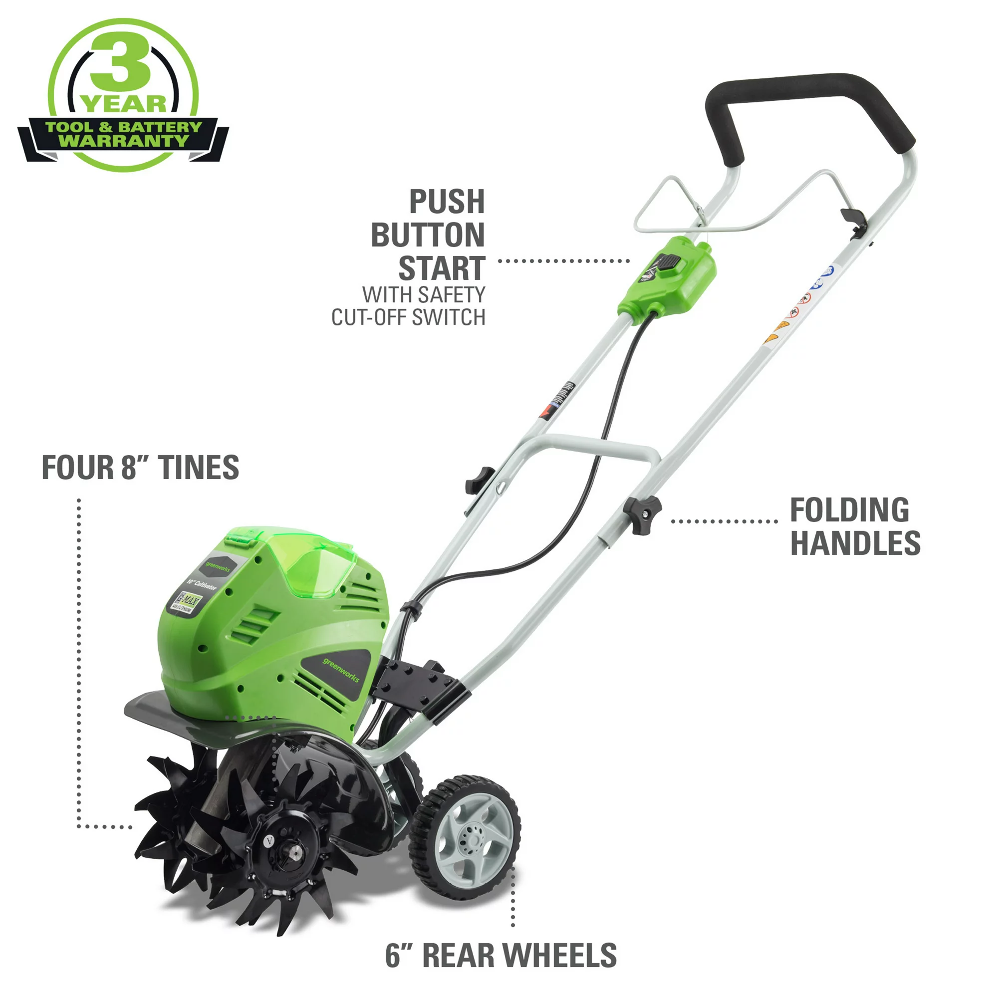 Greenworks 10″ 40 Volt Front-Tine Standard Rotating Battery Powered Walk Behind Garden Cultivator