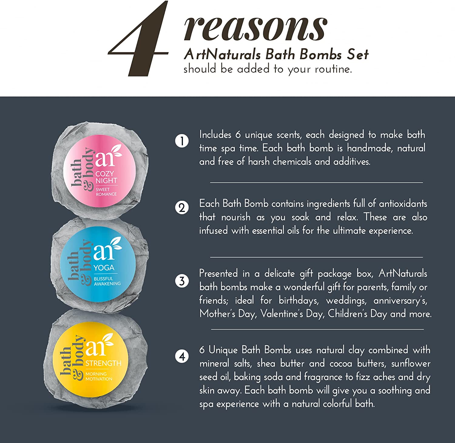 Artnaturals Bath Bombs Gift Set - 6 Bubble Bath Bomb Fizzies - w/ Essential Oils