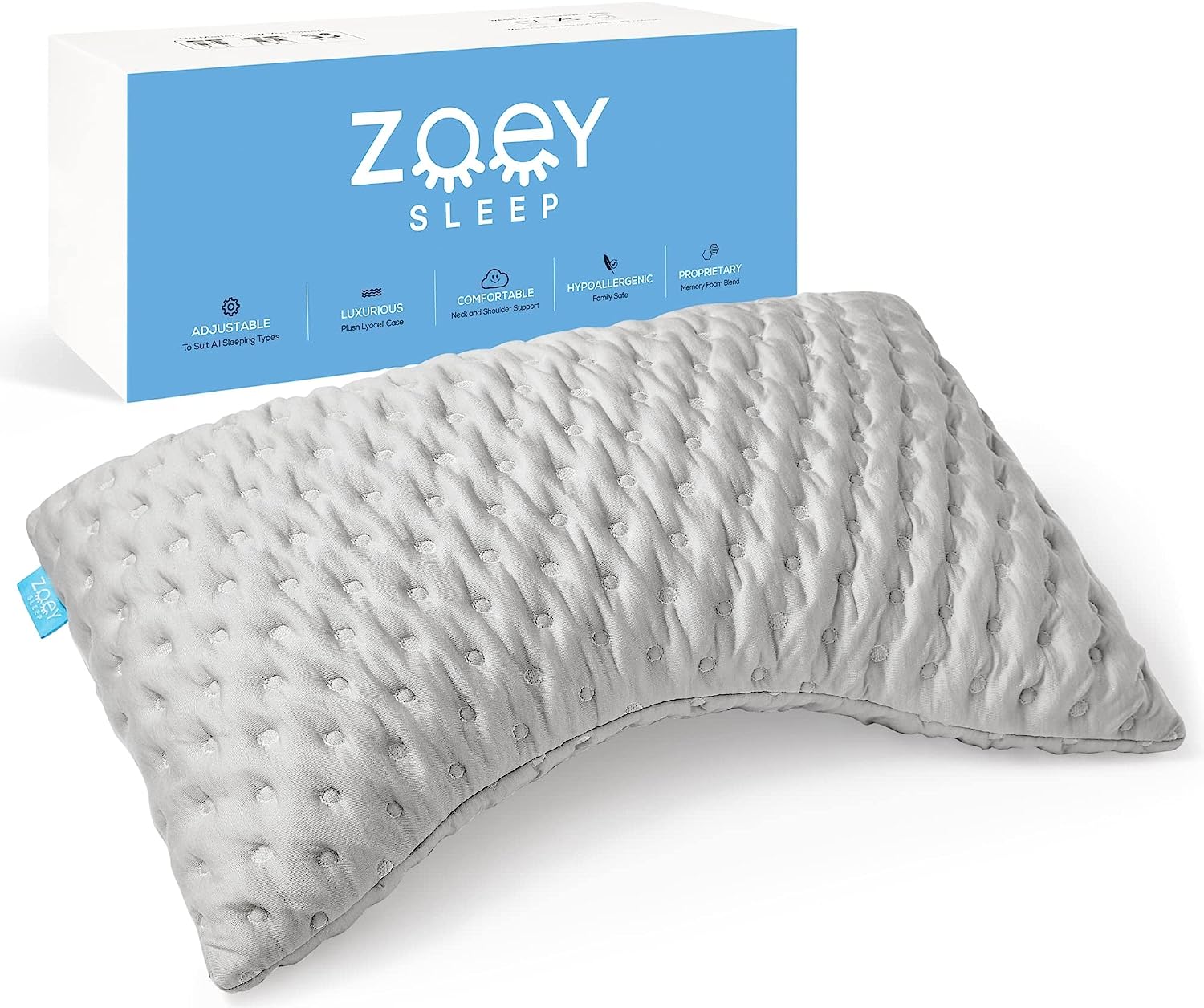Zoey Sleep Side Sleep Pillow for Neck and Shoulder Pain Relief - Adjustable Memory Foam Bed Pillows for Sleeping - Plush Machine Washable Pillow Cover - Queen Size 19″ x 29″ (Queen. Grey)