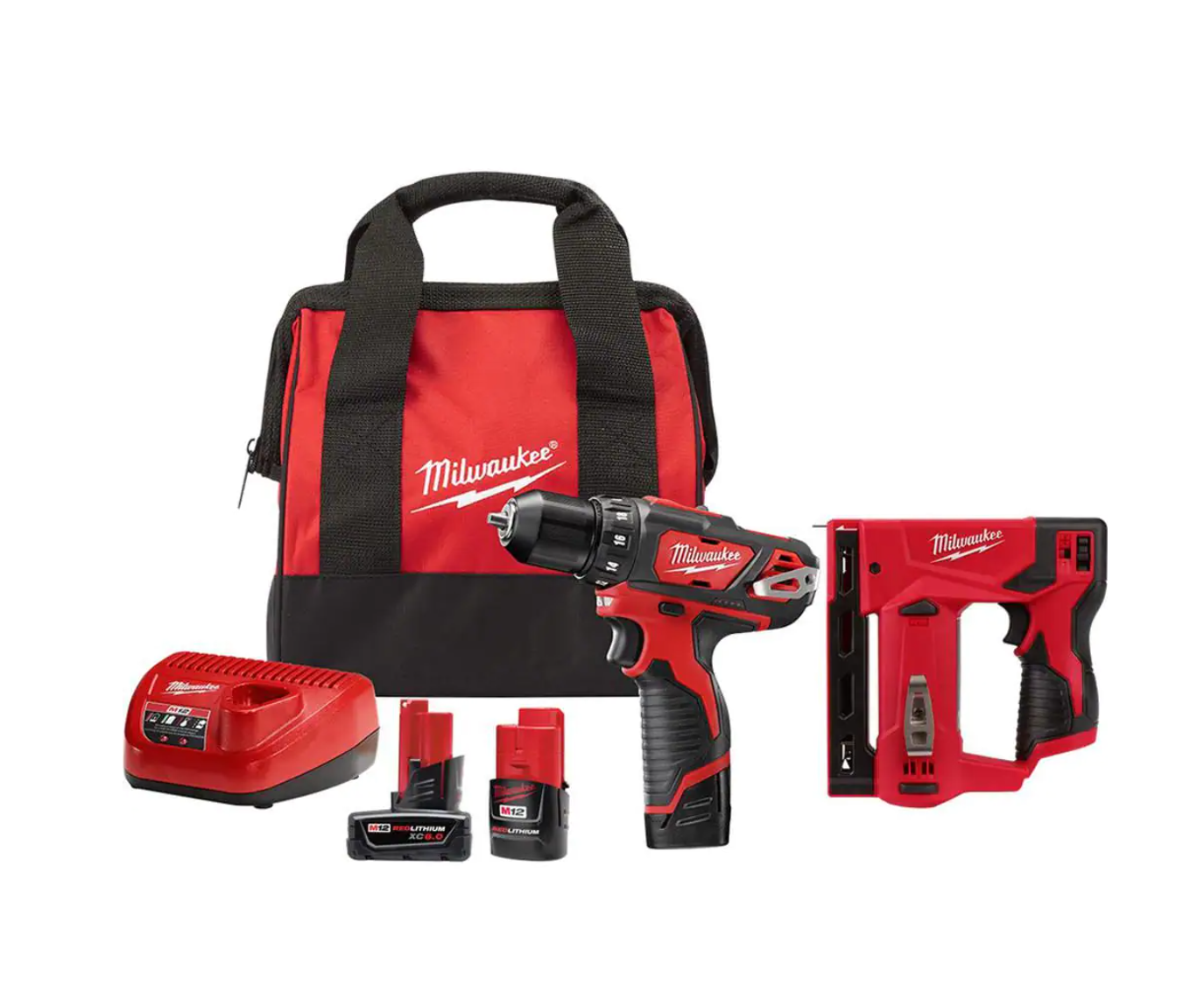 Milwaukee 2407-22-2447-20-48-11-2460 M12 12V Lithium-Ion Cordless 3/8 in. Drill/Driver Kit with M12 3/8 in. Crown Stapler and 6.0 Ah XC Battery Pack