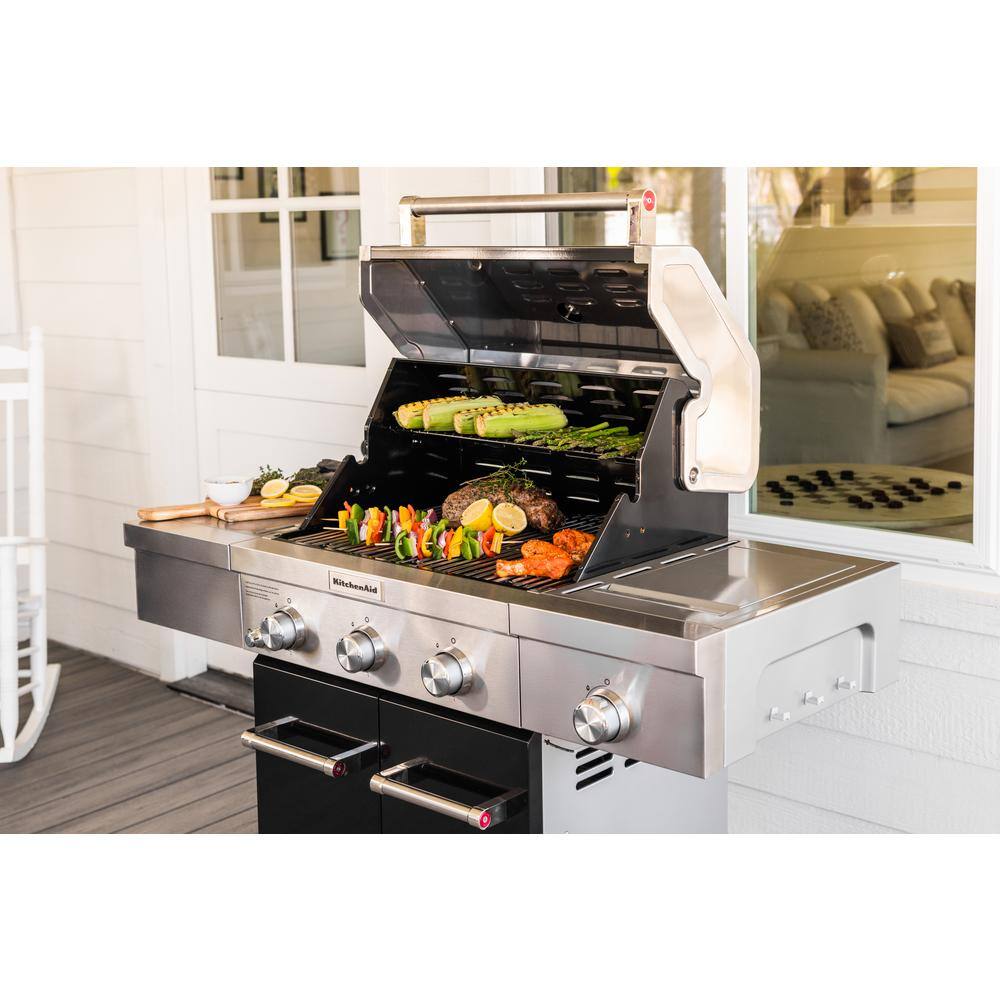 KitchenAid 720-0953AC 3-Burner Propane Gas Grill with Searing Side Burner and Silver PDC Side Shelves in Black