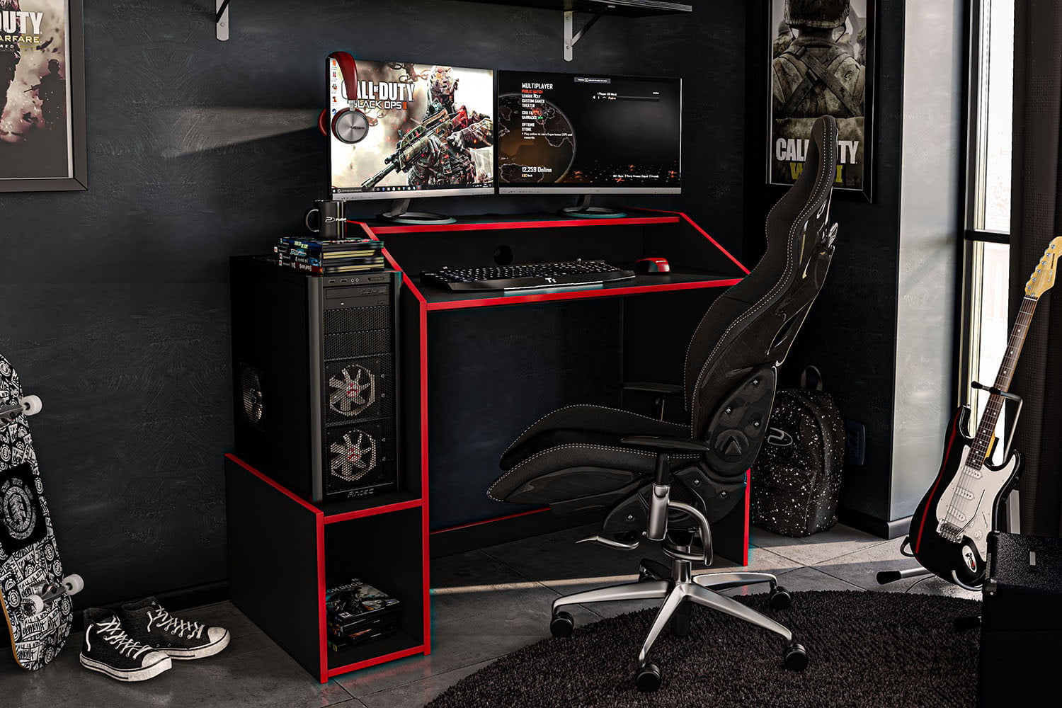 Polifurniture Legend Modern 45″ Wood Gaming Desk with Monitor Stand. Black and Red Finish