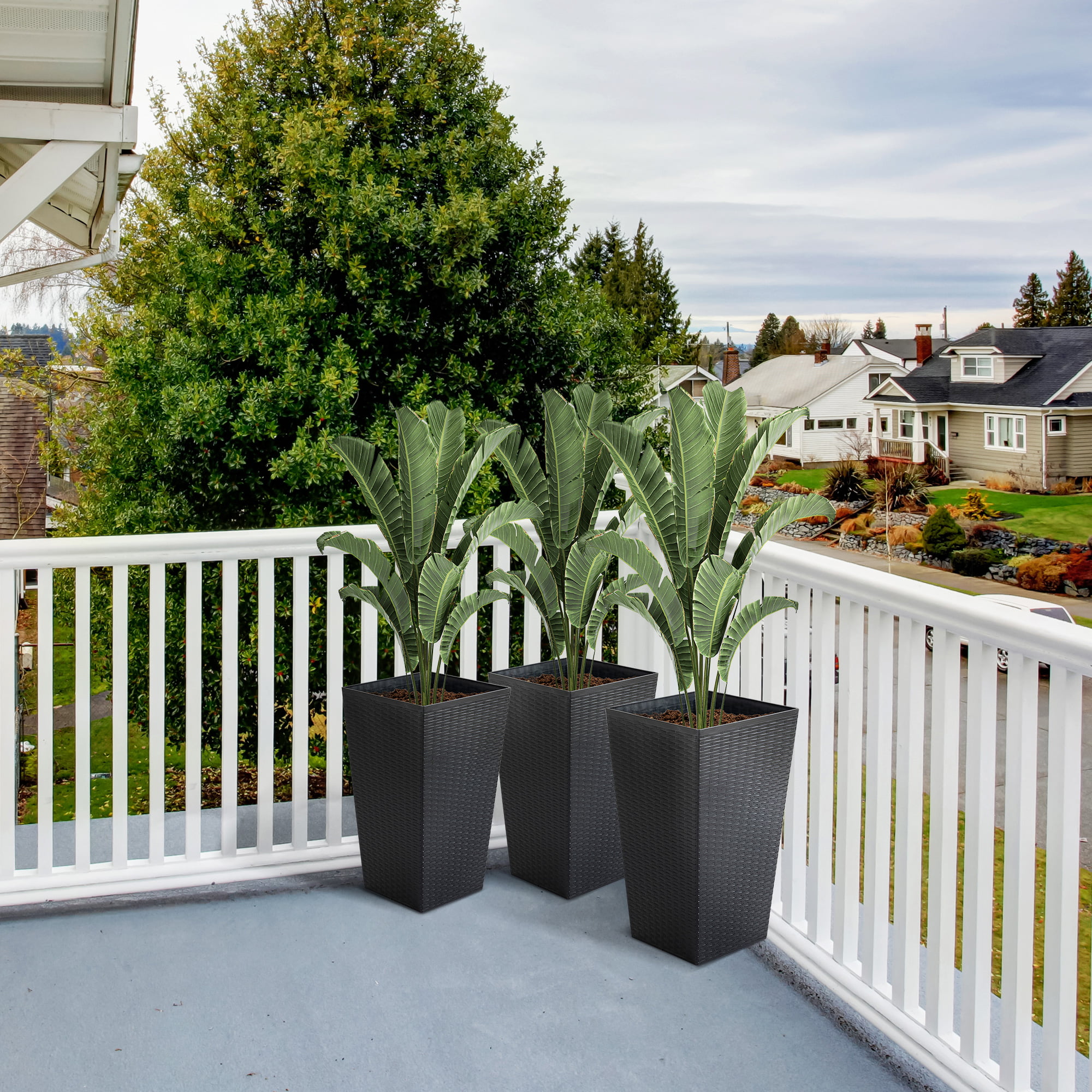 Outsunny Set of 3 Tall Planters. Outdoor & Indoor Flower Pot Set for Front Door. Entryway. Patio and Deck. Black
