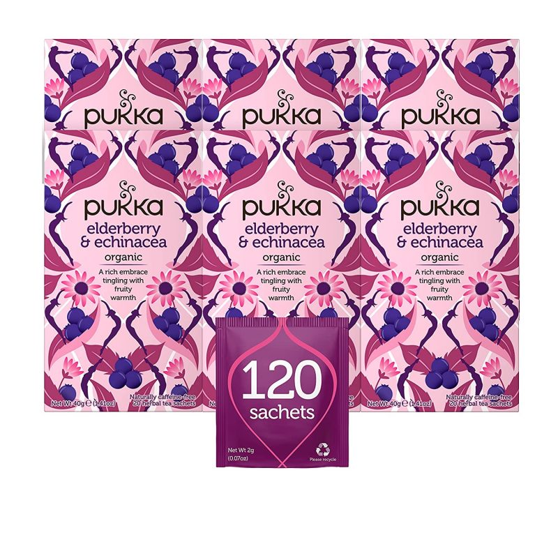 Pukka Elderberry And Echinacea. Organic Herbal Fruit Tea. 6 Pack. 120 Tea Bags
