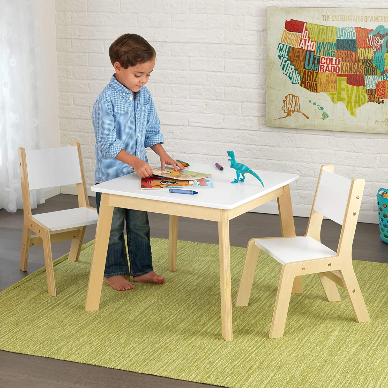 KidKraft Wooden Modern Table & 2 Chair Set. Children-s Furniture. White & Natural. Gift for Ages 3-8. 23.6 x 23.6 x 19