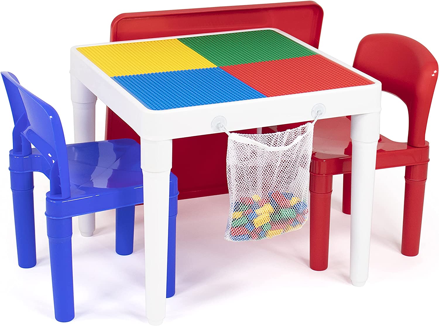 Humble Crew. White/Blue/Red Kids 2-in-1 Plastic Building Blocks-Compatible Activity Table and 2 Chairs Set. Square. Toddler