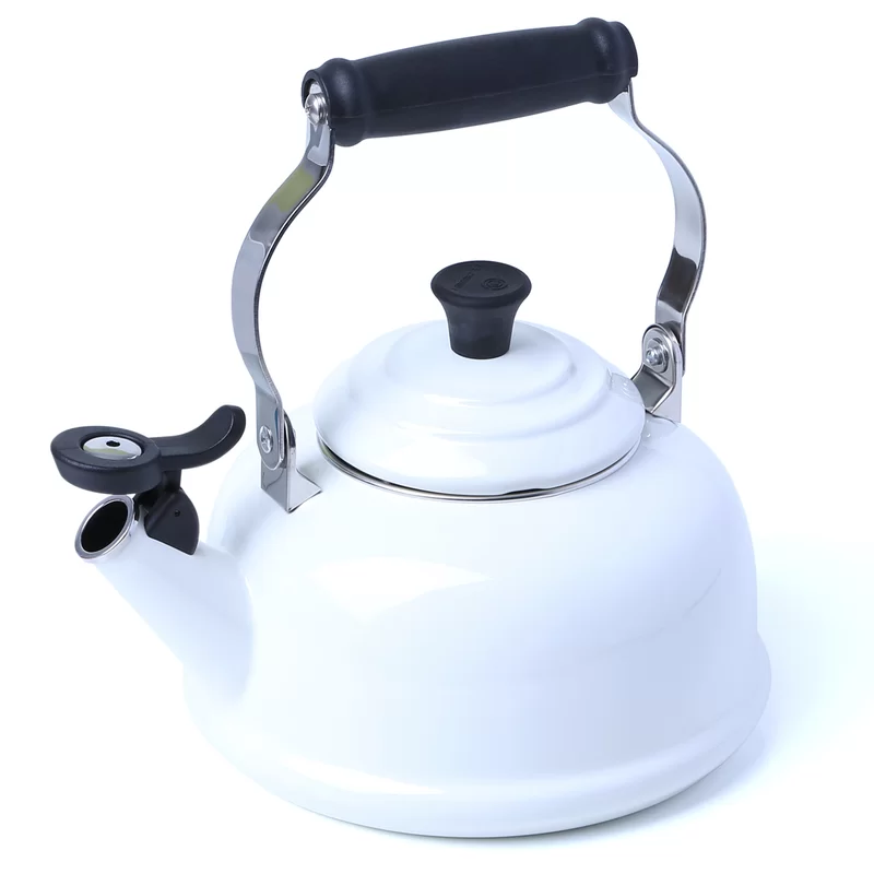 Le Creuset Q3101-16 Enamel On Steel Whistling Tea Kettle. 1.7 qt.. White