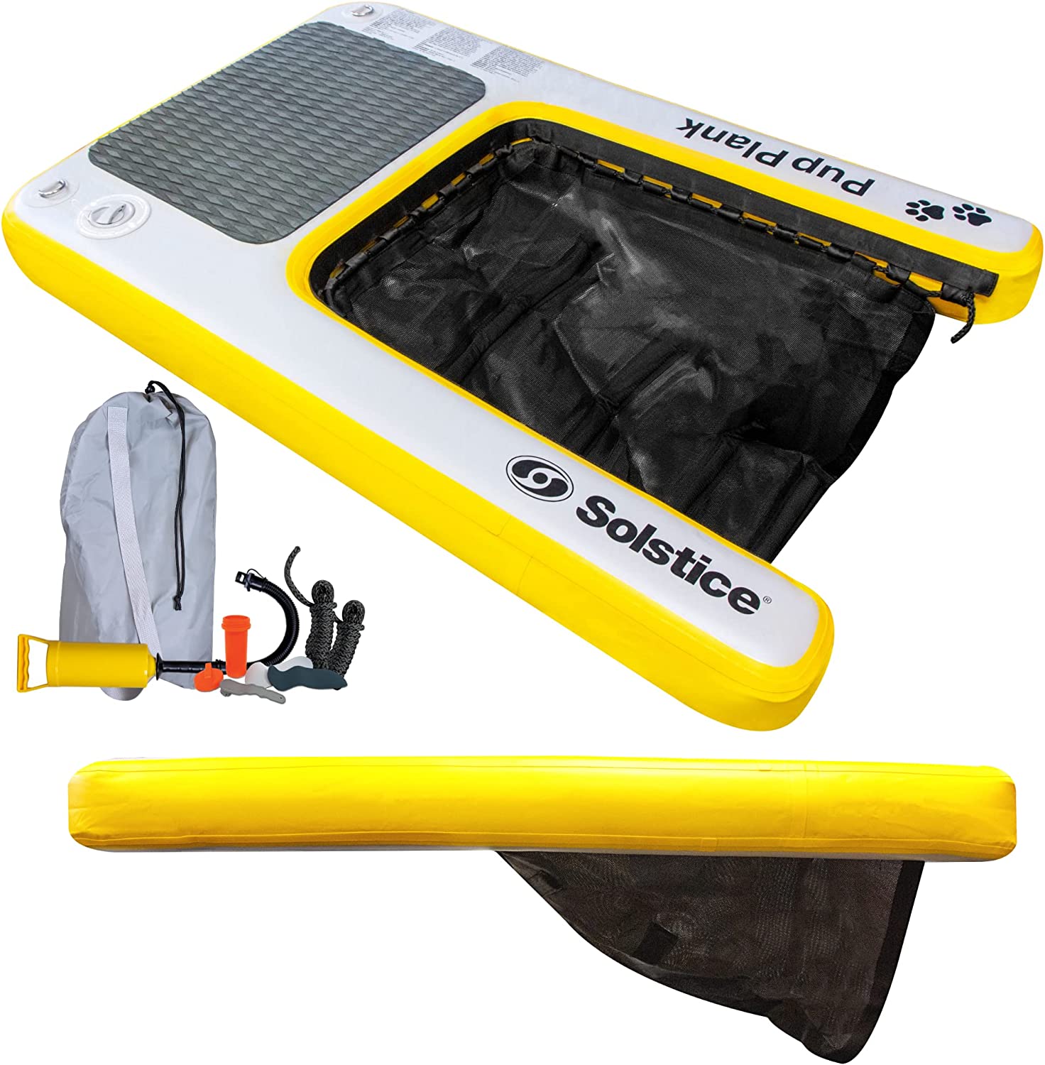 Solstice Original Inflatable Pup Plank Floating Water Ramp Series for Sporting & Swimming Pets Up to 120 Pounds – for Boats Pools & Docks – Non-Slip. Claw Friendly Deck & Ladder Step for Large Dogs