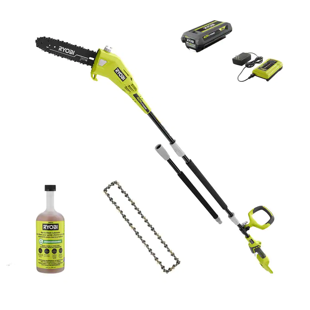 RYOBI RY40560-CMB1 40V 10 in. Cordless Battery Pole Saw w/Extra Chain. Biodegradable Bar & Chain Oil. 2.0 Ah Battery & Charger