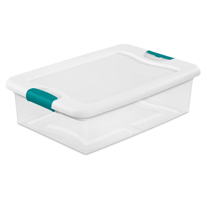 Sterilite 14968006 32 quart/30 L Latching Box with Clear Base. White Lid and Colored Latches. 6-Pack