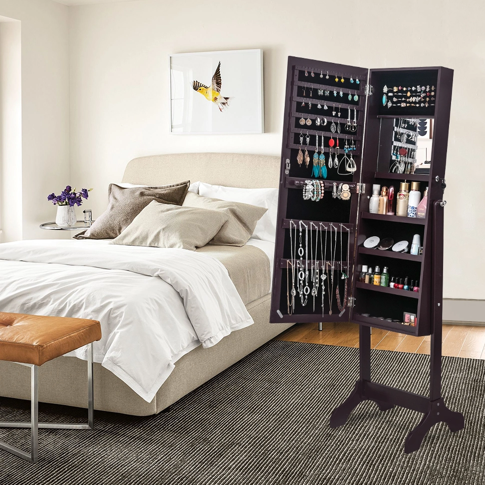 DISCOUNTTODAY Full Mirror Wooden Floor Standing 4-Layer Shelf With Inner Mirror Jewelry Storage Adjustable Mirror Cabinet - Dark Brown 14.6 x 3.9 x 42.5