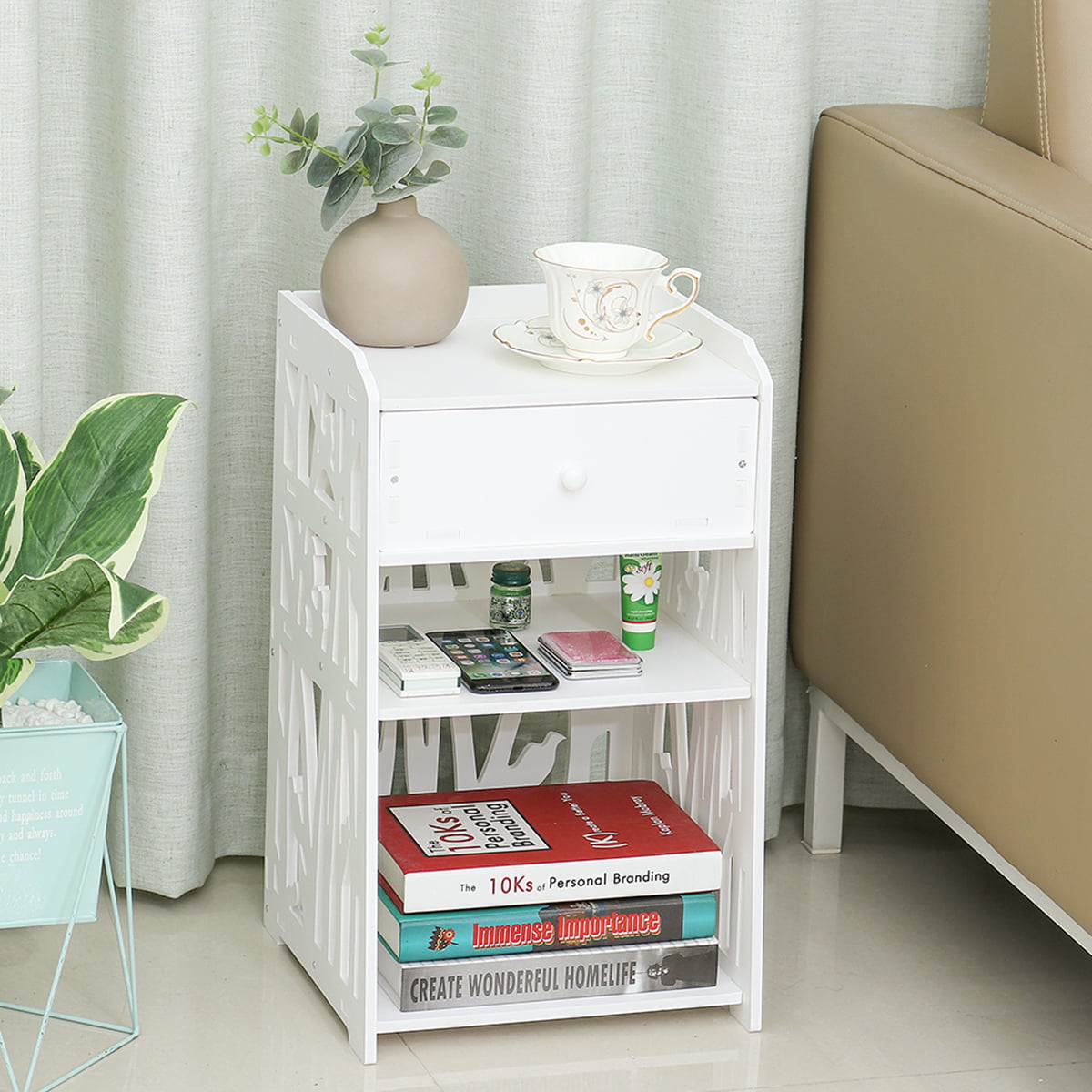 Nightstand.End Table.ZPL 20″H White Bedside Table with 1 Drawer and 2 Shelves.Modern Style Side Table for Bedroom Living Room