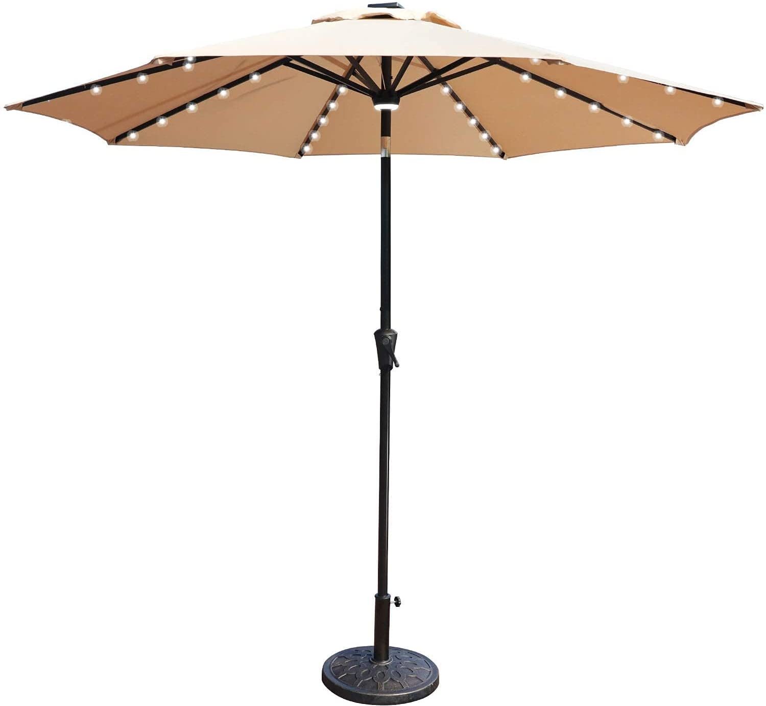 GOLDSUN Patio 9 Ft Market Outdoor Aluminum Table Umbrella with Solar LED Led lights and Push Button Tilt (Beige)