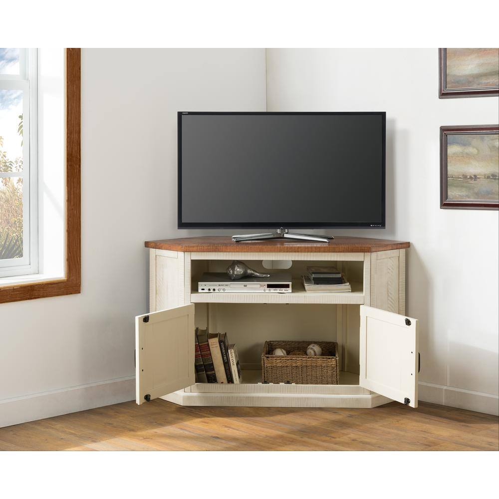 Martin Svensson Home  Rustic Corner Antique White Metal Corner TV Stand Fits TVs Up to 55 in. with Cable Management