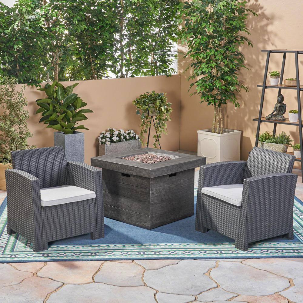 Noble House  Bedrock 3-Piece Plastic Patio Fire Pit Conversation Set with Light Grey Cushions