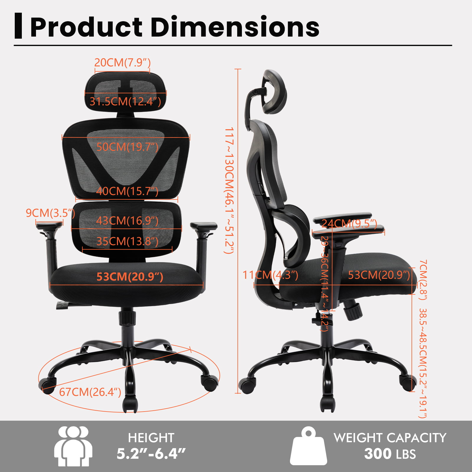 Coolhut Ergonomic Office Chair. High Back Adjustable Computer Desk Chair with Lumbar Support. 300lb. Black