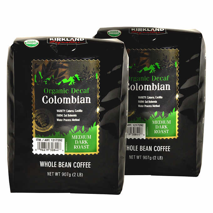 Kirkland Signature Organic Colombian Decaf Whole Bean Coffee 2 lbs 2-pack