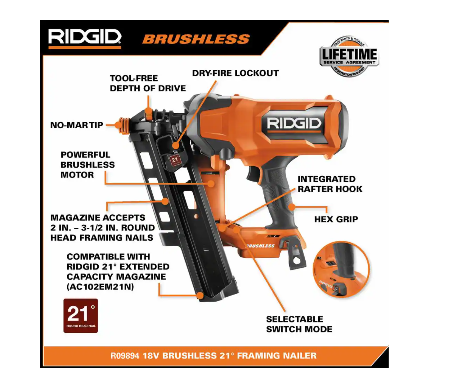 RIDGID R09894B-AC87004 18V Lithium-Ion Brushless Cordless 21° 3-1/2 in. Framing Nailer with 18V Lithium-Ion 4.0 Ah Battery