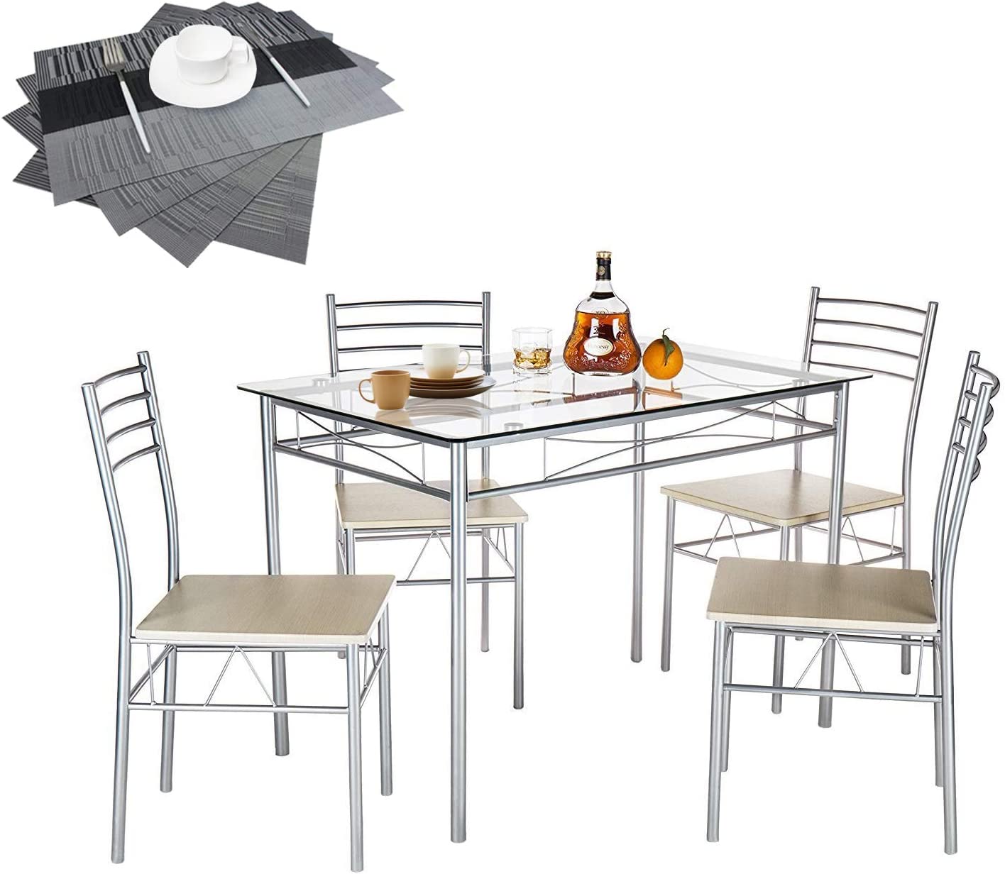 VECELO Dining Table with 4 Chairs 4 Placemats Included- Silver X-Large
