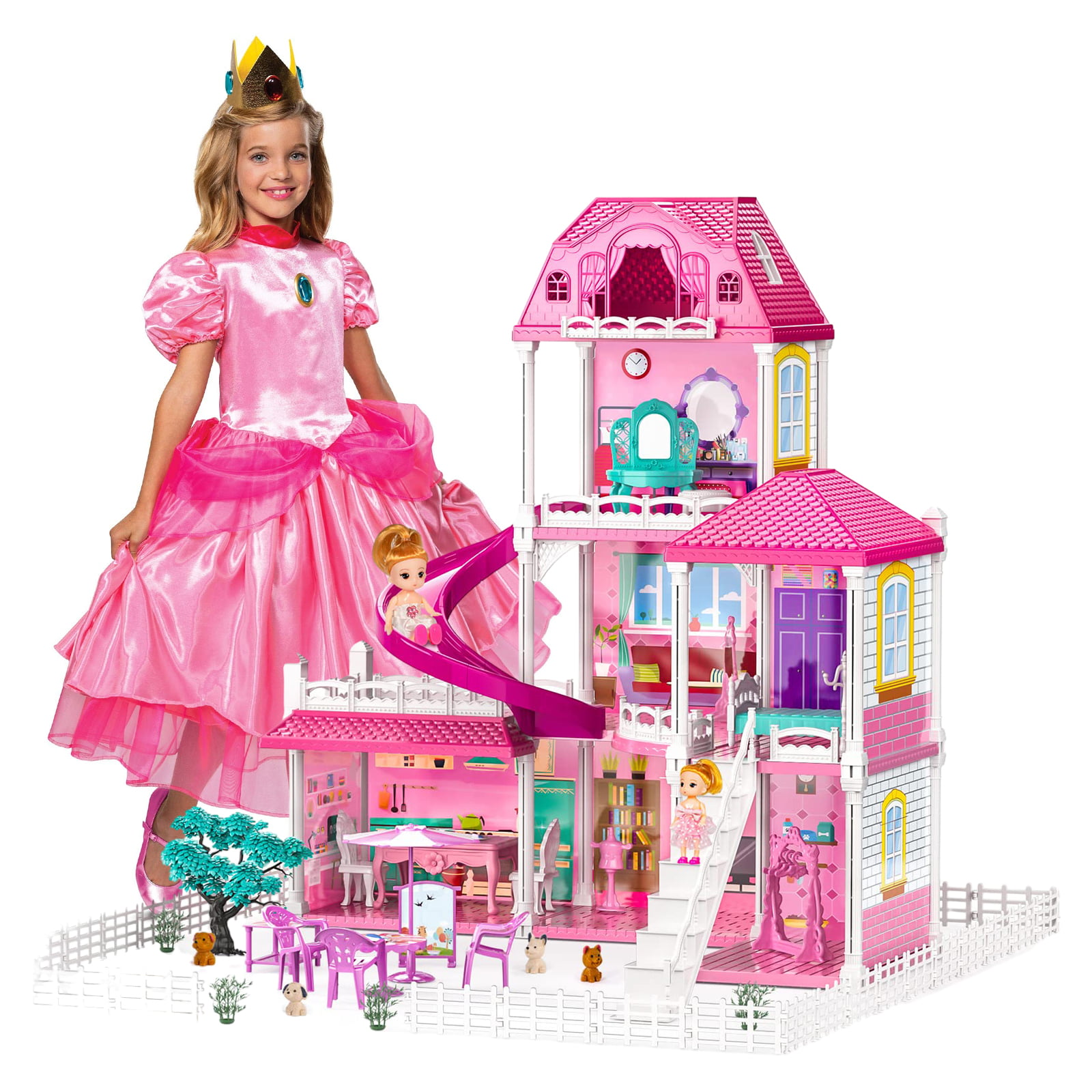 Huge Wave Doll House with  Furnitures Toys for Girls. 6 Rooms Dollhouse with Slide. Dream House Doll House for Girls Boys Age 3+