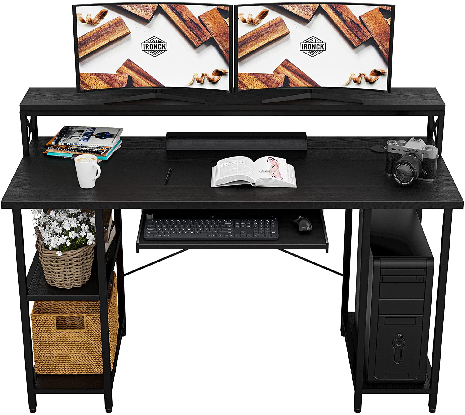 IRONCK Computer Desk 47″ with Keyboard Tray. Modern Industrial Home Office PC Desk Study Writing Table with Monitor Stand Storage Shelf. Black