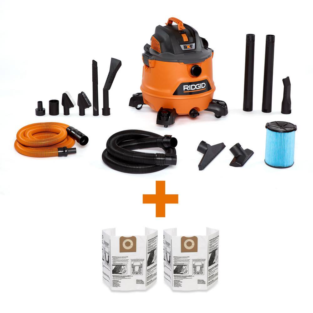 RIDGID HD1401A 14 Gallon 6.0 Peak HP NXT Wet/Dry Shop Vacuum with Fine Dust Filter. Dust Bags. Hose. Accessories and Car Cleaning Kit