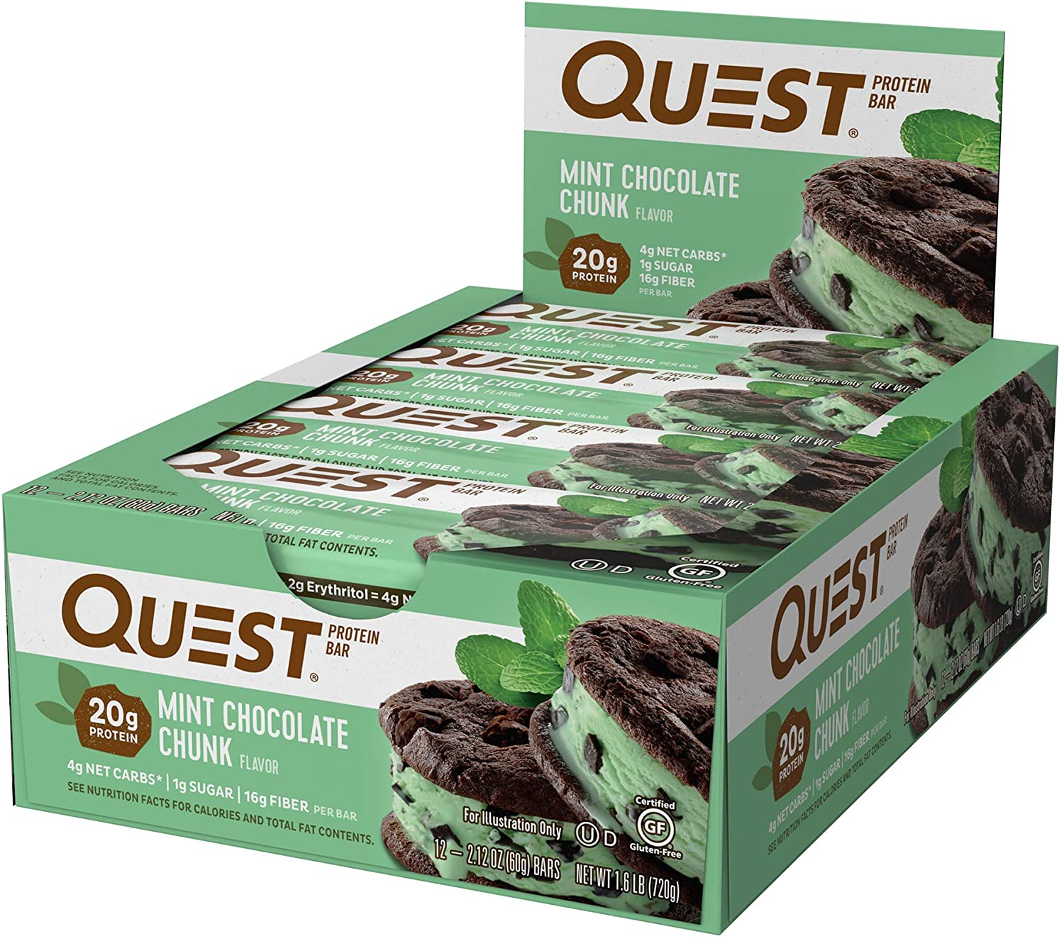 Quest Nutrition Mint Chocolate Chunk Protein Bar. Keto Friendly. 12 Count