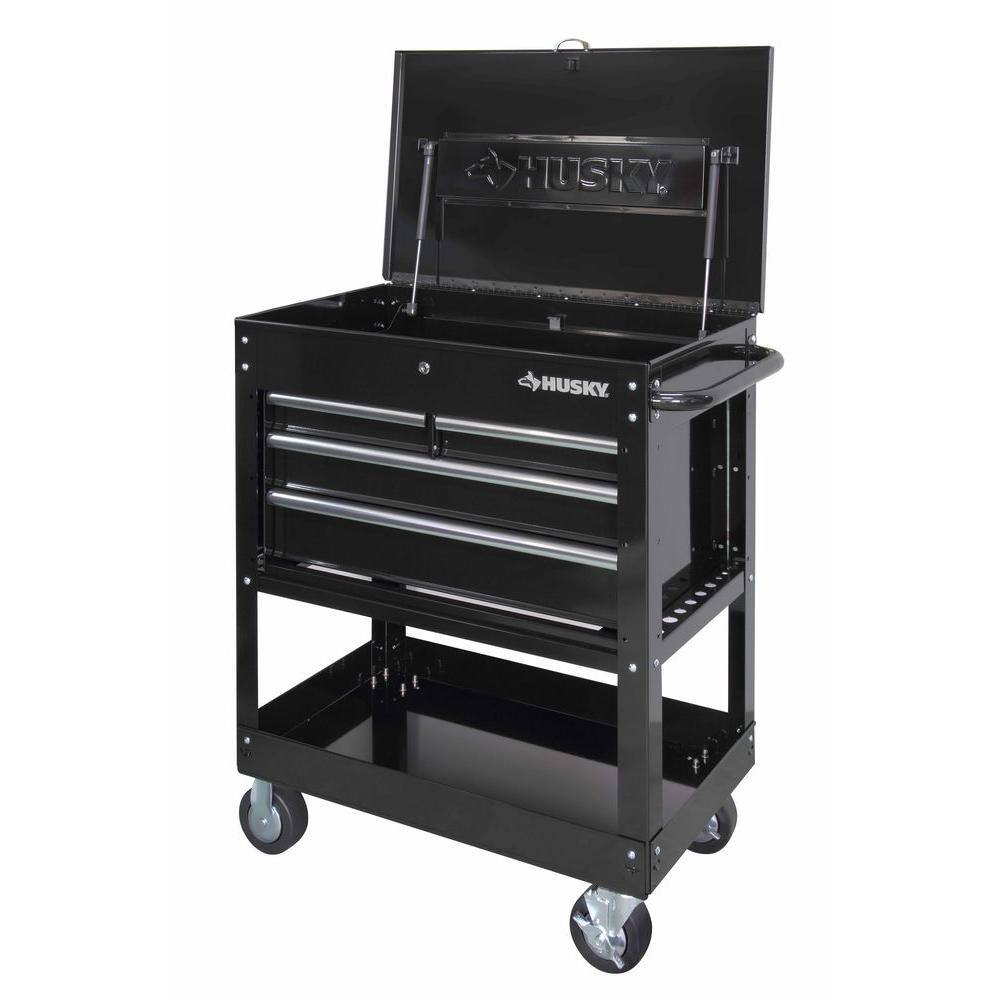Husky HOUC3304B10 33 in. W 4-Drawer Mechanics Tool Utility Cart in Gloss Black