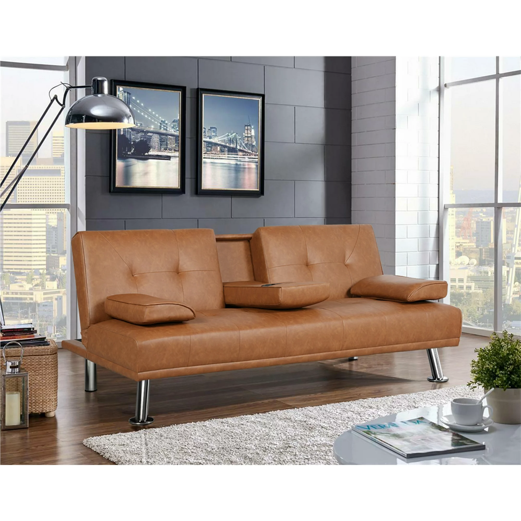 Easyfashion LuxuryGoods Modern Faux Leather Futon with Cupholders and Pillows. Brown