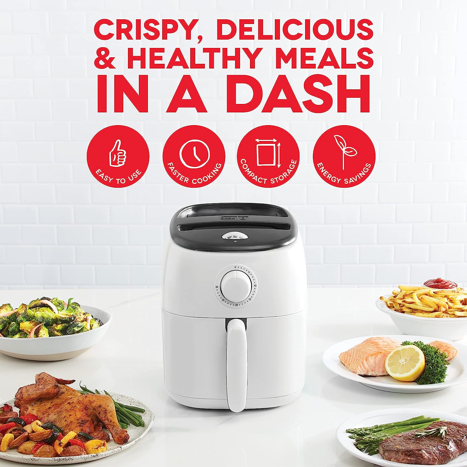 DASH Tasti-Crisp™ Electric Air Fryer Oven Cooker with Temperature Control. Non-Stick Fry Basket. Recipe Guide + Auto Shut Off Feature. 1000-Watt. 2.6Qt. White