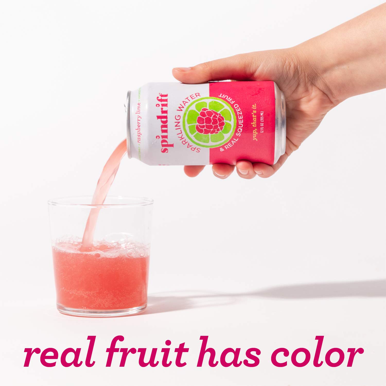 Spindrift Sparkling Water. Raspberry Lime Flavored. Made with Real Squeezed Fruit. Only 9 Calories per Seltzer Water Can. 12 Fl Oz Cans. Pack of 24