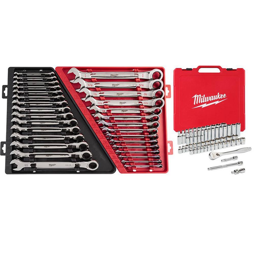Milwaukee 48-22-9416-48-22-9516-48-22-9008 SAE/Metric Combination Ratcheting Wrenches with 3/8 in. Drive SAE/Metric Ratchet & Socket Mechanics Tool Set (86-Piece)