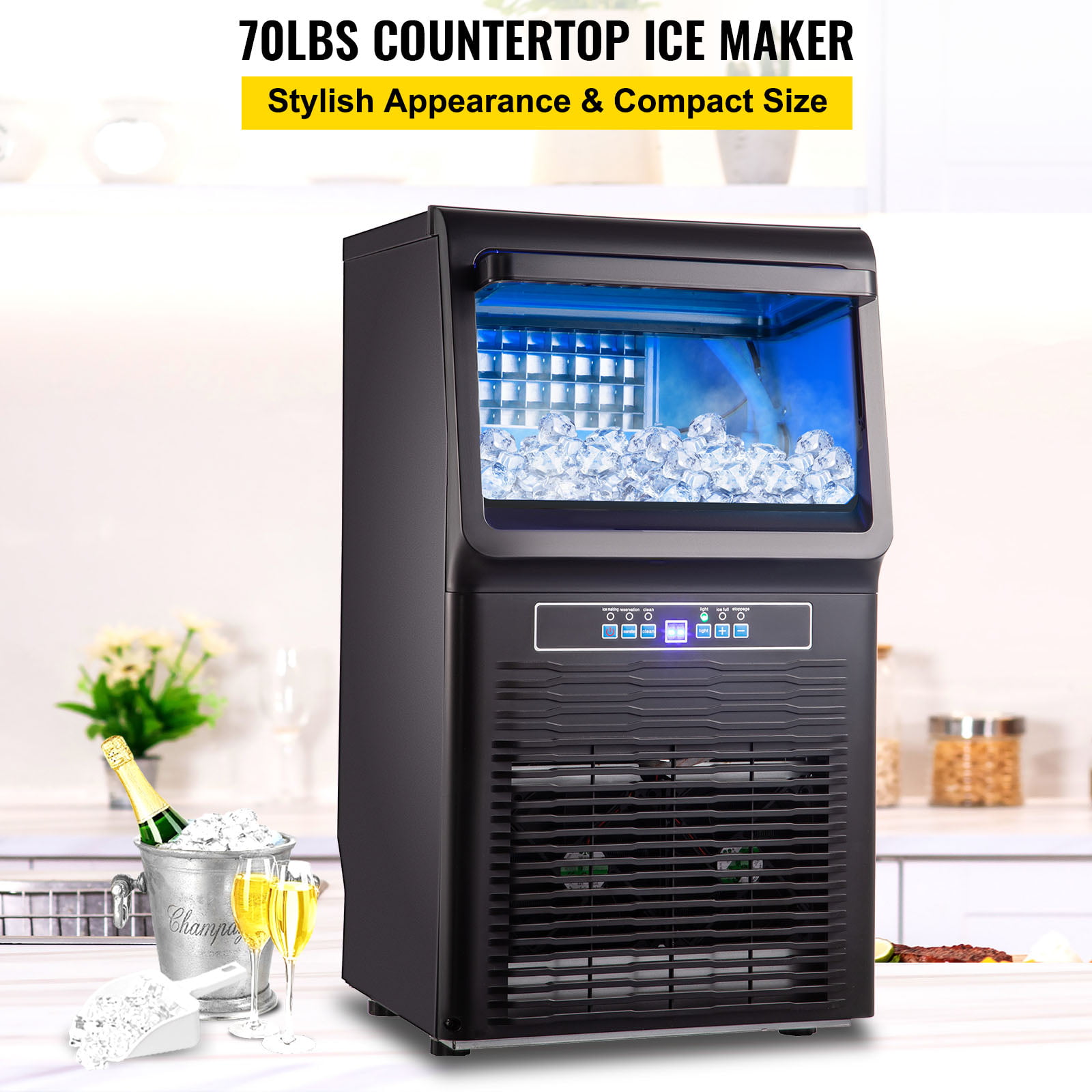 VEVORbrand Commercial Ice Maker 70lbs/24H. 350W Automatic Portable Ice Machine.Countertop Ice Maker with 11lbs Storage. 36Pcs per Tray. Auto Operation. Blue Light. Include Water Filter. Drain Pipe