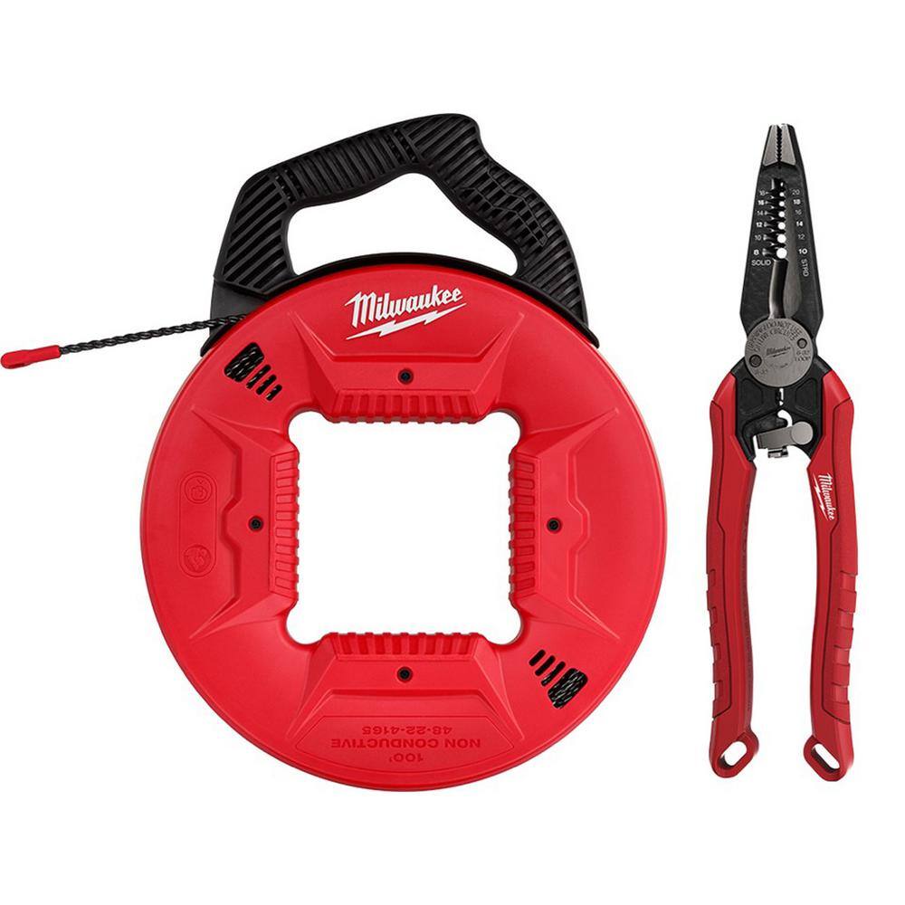 Milwaukee 48-22-4165-48-22-3078 100 ft. Polyester Fish Tape with Non-Conductive Tip with 7-in-1 Combination Wire Strippers Pliers