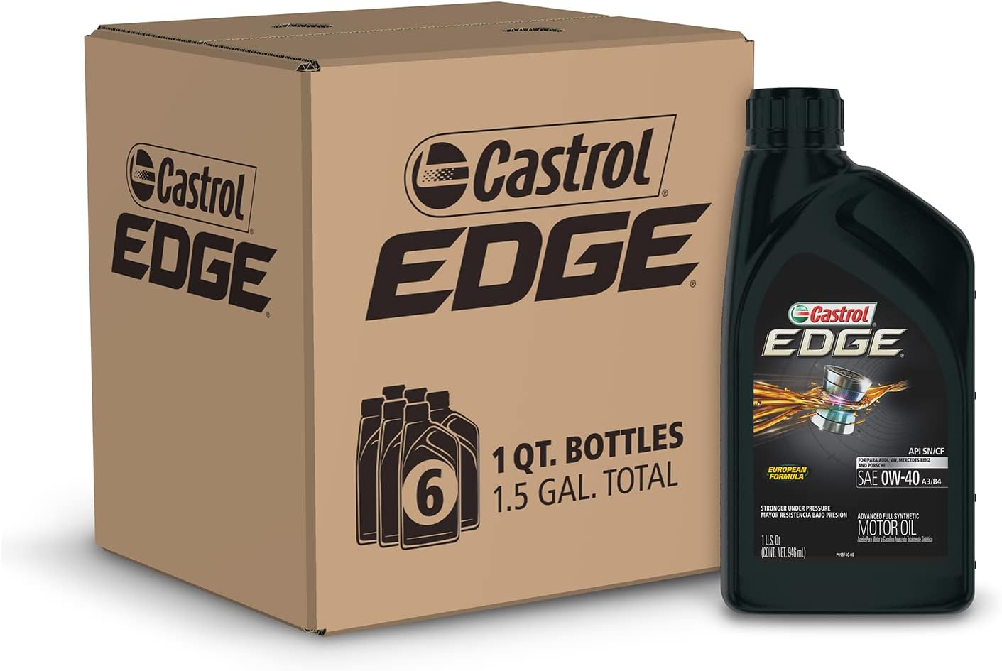 Castrol Edge Euro 0W-40 A3/B4 Advanced Full Synthetic Motor Oil. 1 Quart. Pack of 6