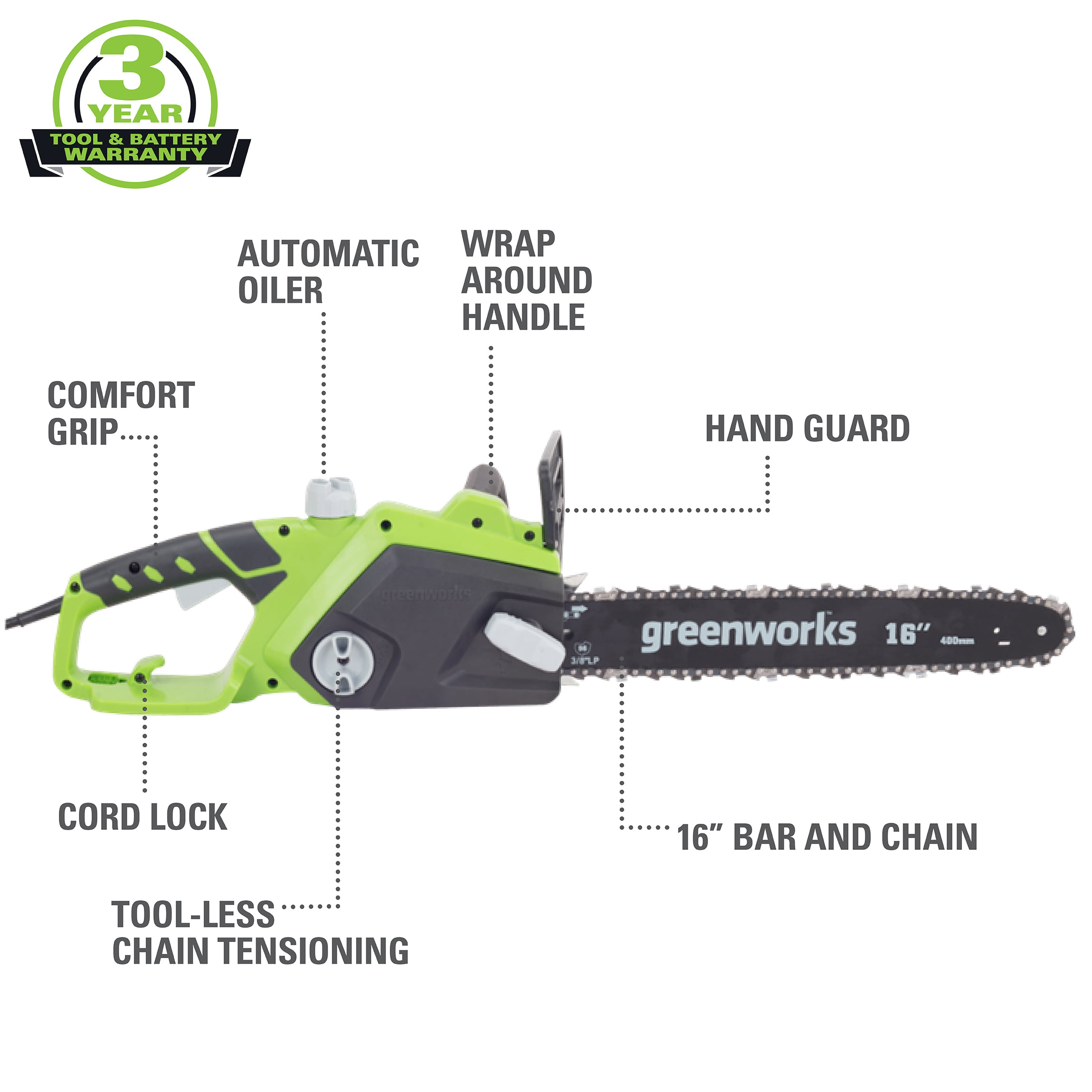Greenworks 12 Amp 16 in. Corded Electric Chainsaw. 20232