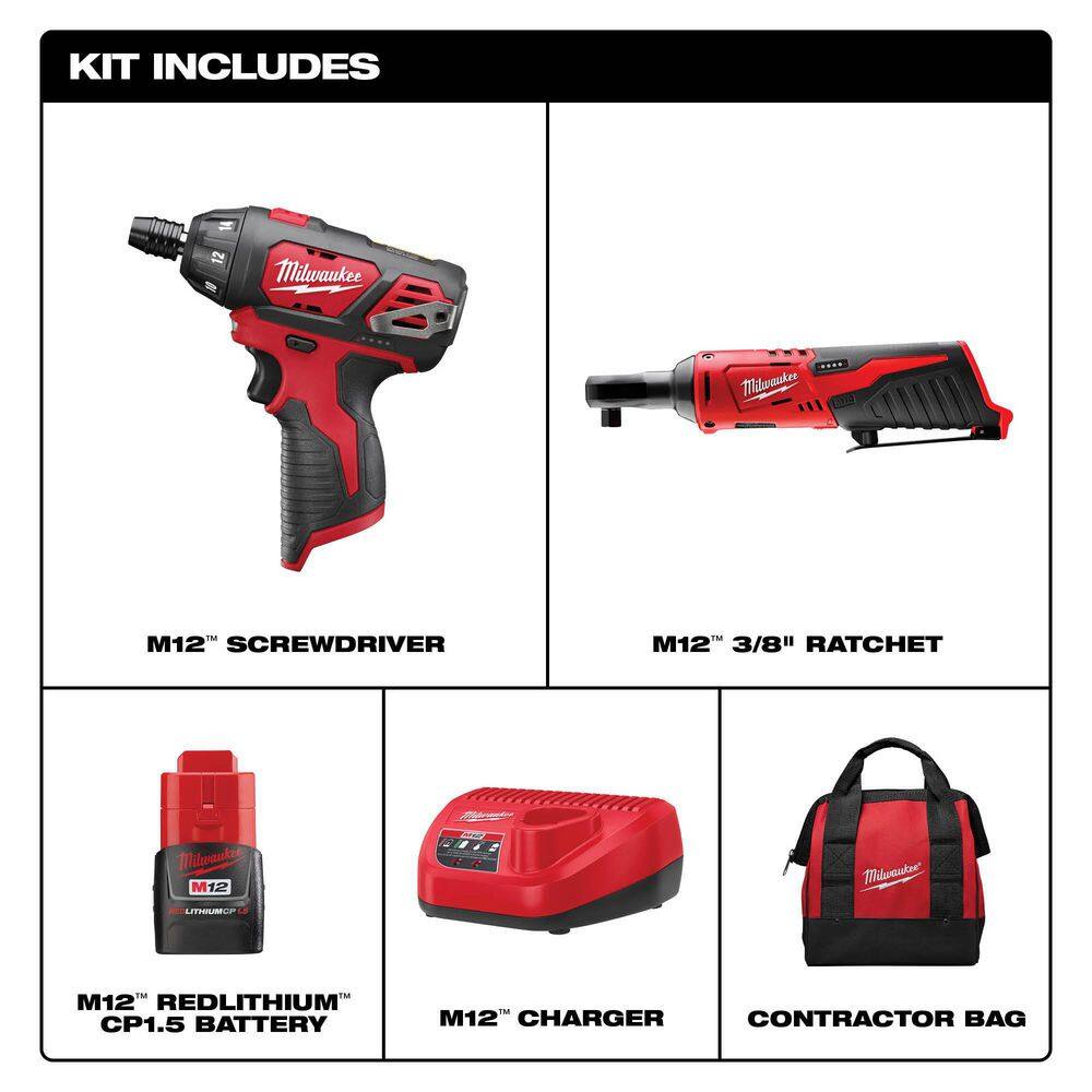 Milwaukee 2401-21R M12 12V Lithium-Ion Cordless 3/8 in. Ratchet and Screwdriver Combo Kit (2-Tool) with Battery. Charger. Tool Bag