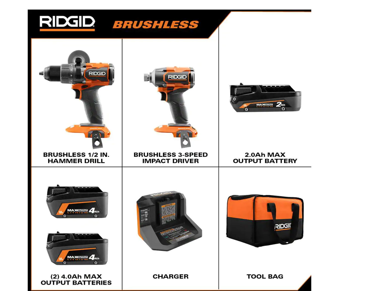 RIDGID R9208-AC840040 18V Brushless Cordless 2-Tool Combo Kit with Hammer Drill. Impact Driver. (3) Batteries. Charger. and Bag