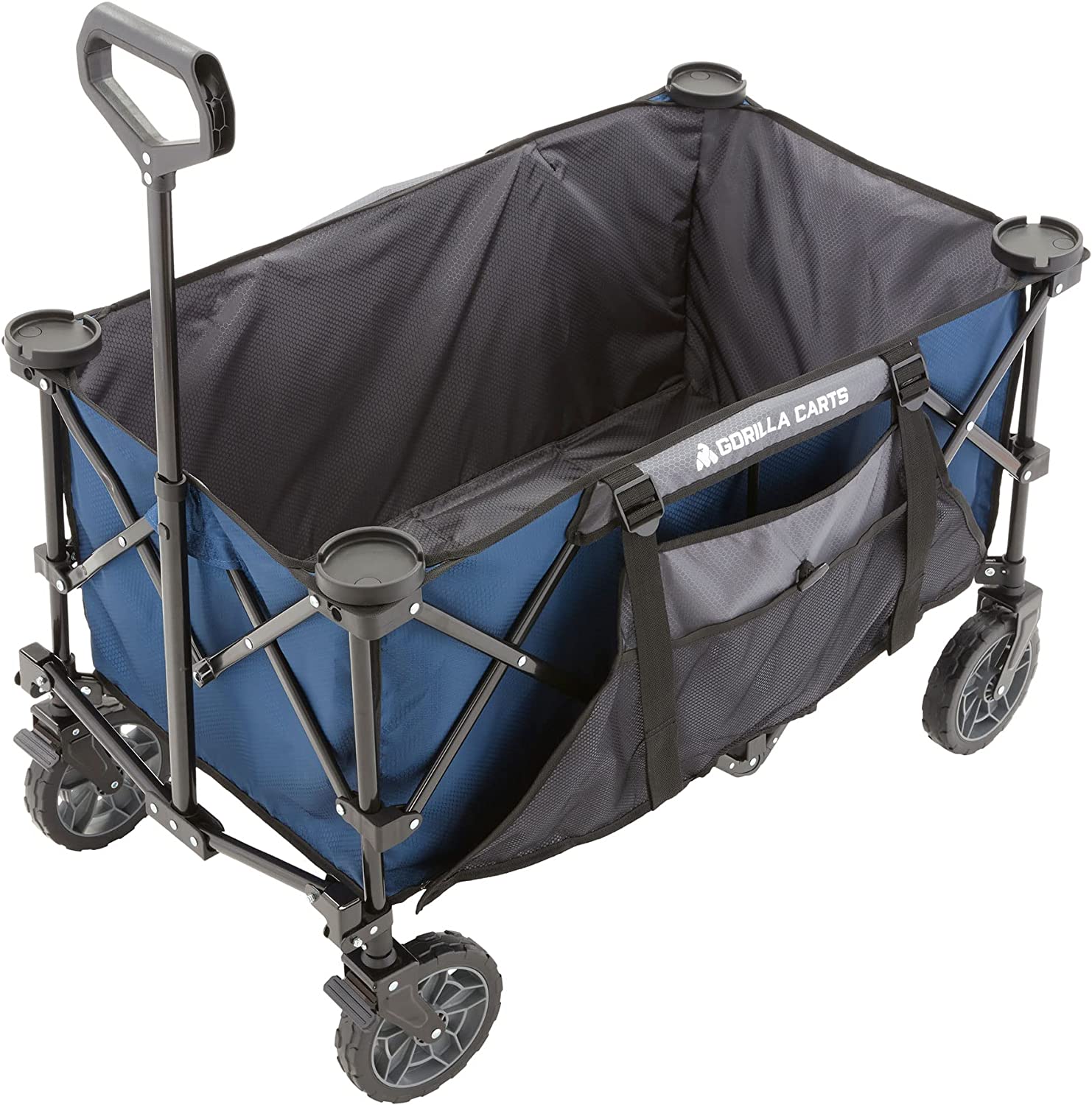 Gorilla Carts 7 Cubic Feet Foldable Collapsible Durable All Terrain Utility Pull Beach Wagon with Oversized Bed and Built in Cup Holders. Blue