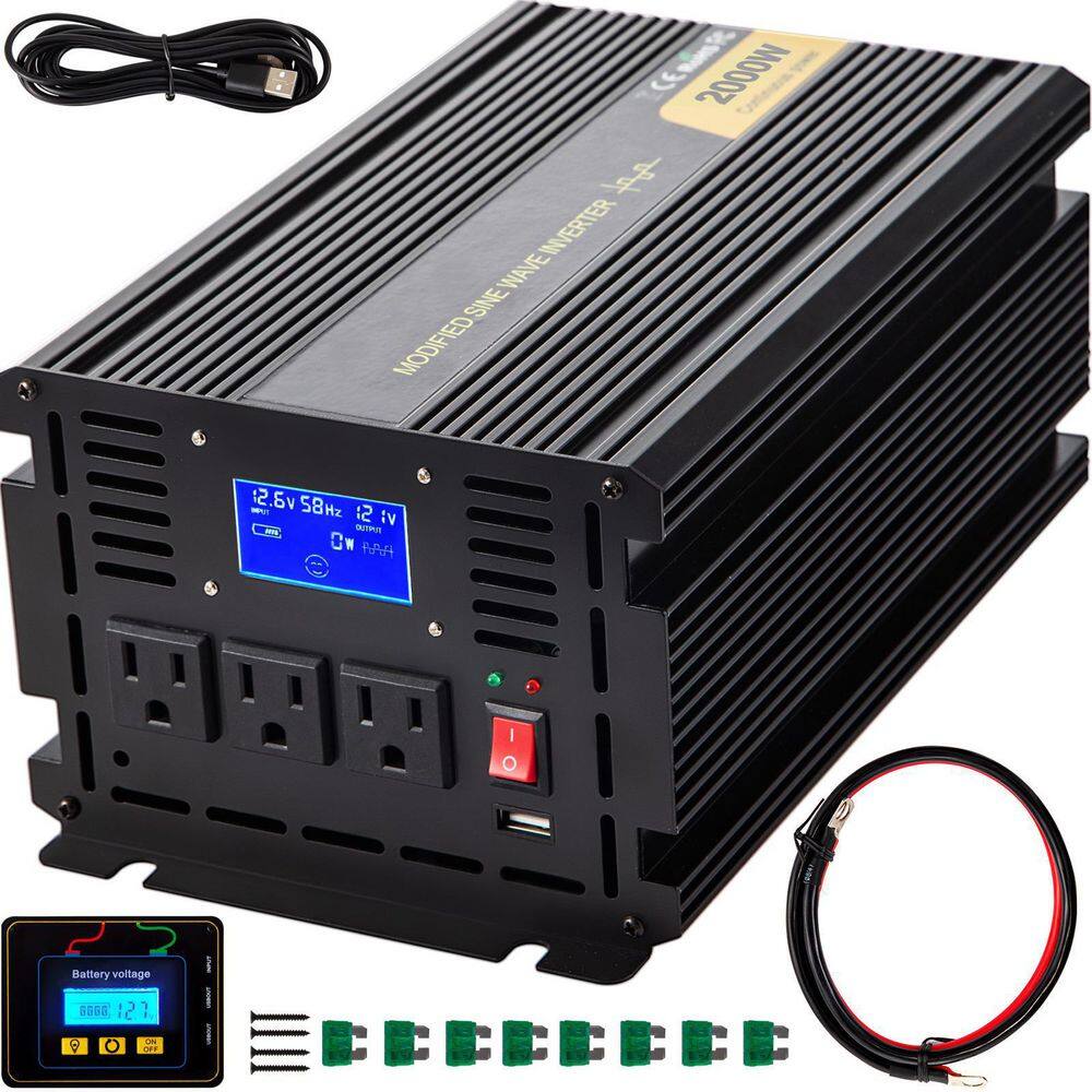 VEVOR ZNB2KW-12-1200I8XV9 Car Power Converter 2000-Watt Modified Sine Wave Inverter DC 12-Volt to AC 120-Volt with LCD Display Remote Controller