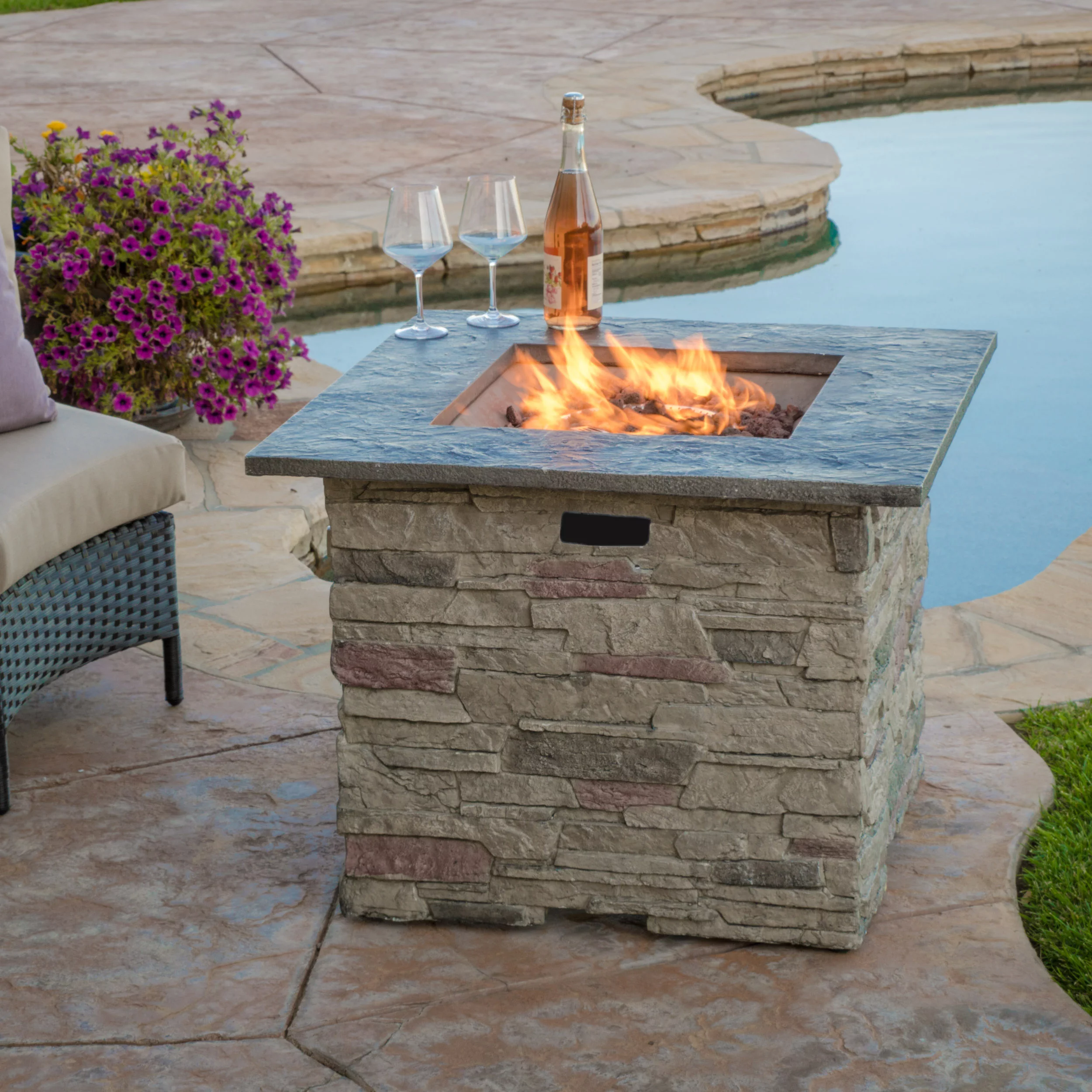 Awalua 32″ Square MGO Fire Pit with Grey Top - 40.000 BTU. Natural Stone