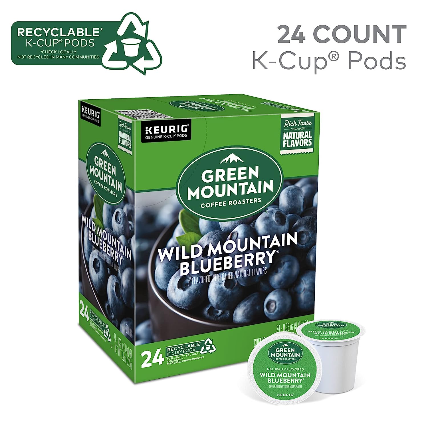 Green Mountain Coffee Roasters Wild Mountain Blueberry. Single-Serve Keurig K-Cup Pods. Flavored Light Roast Coffee Pods. 96 Count